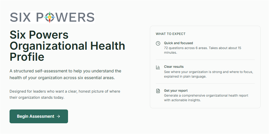 Six Powers Organizational Health Profile assessment landing page